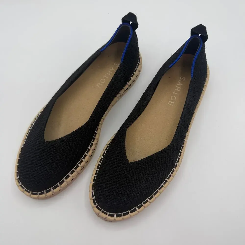 Rothy’s The Espadrille Flat in Black Boardwalk Knit Size 6.5 Jute Sole Slip On